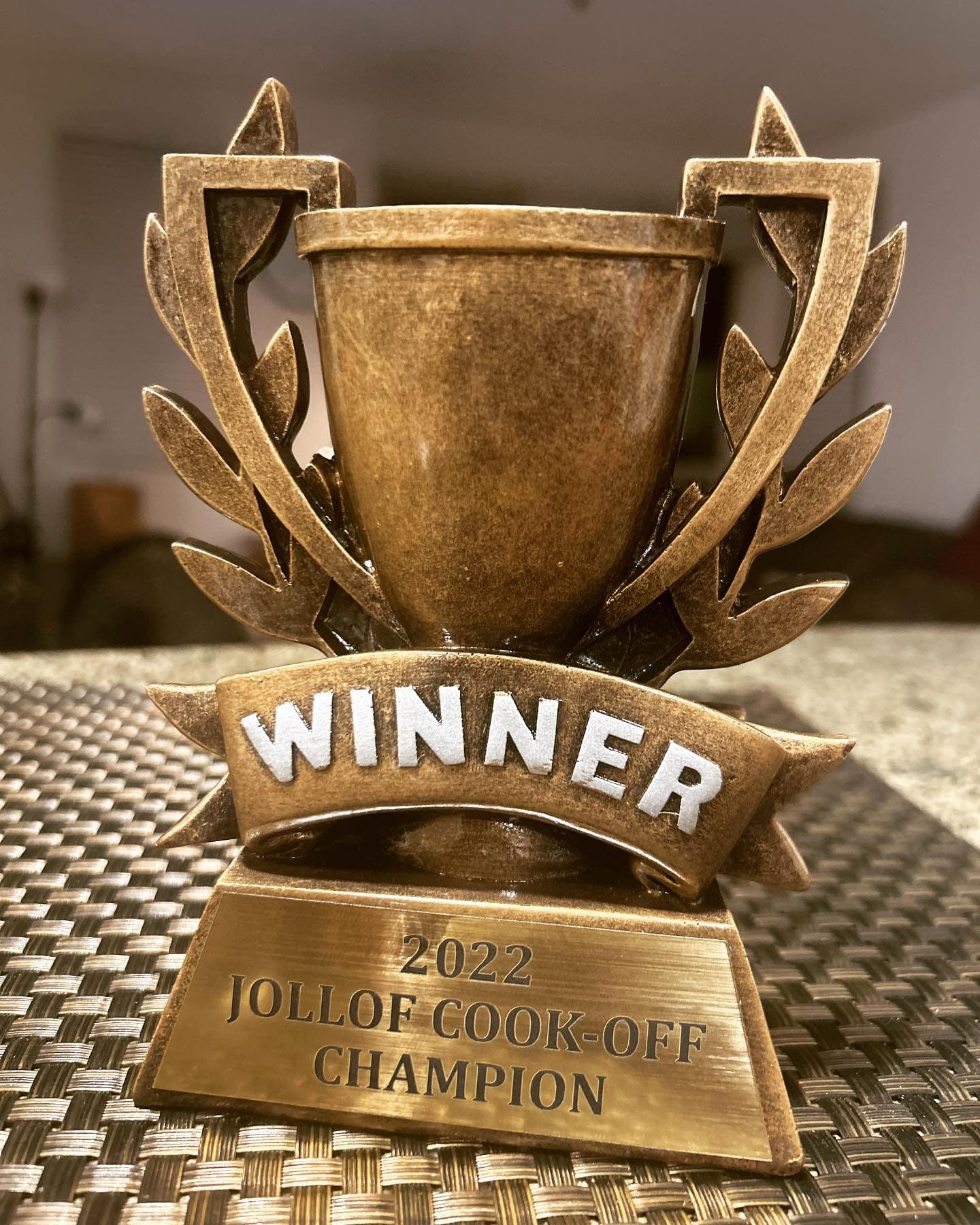 The trophy from the Jollof Cooking Competition